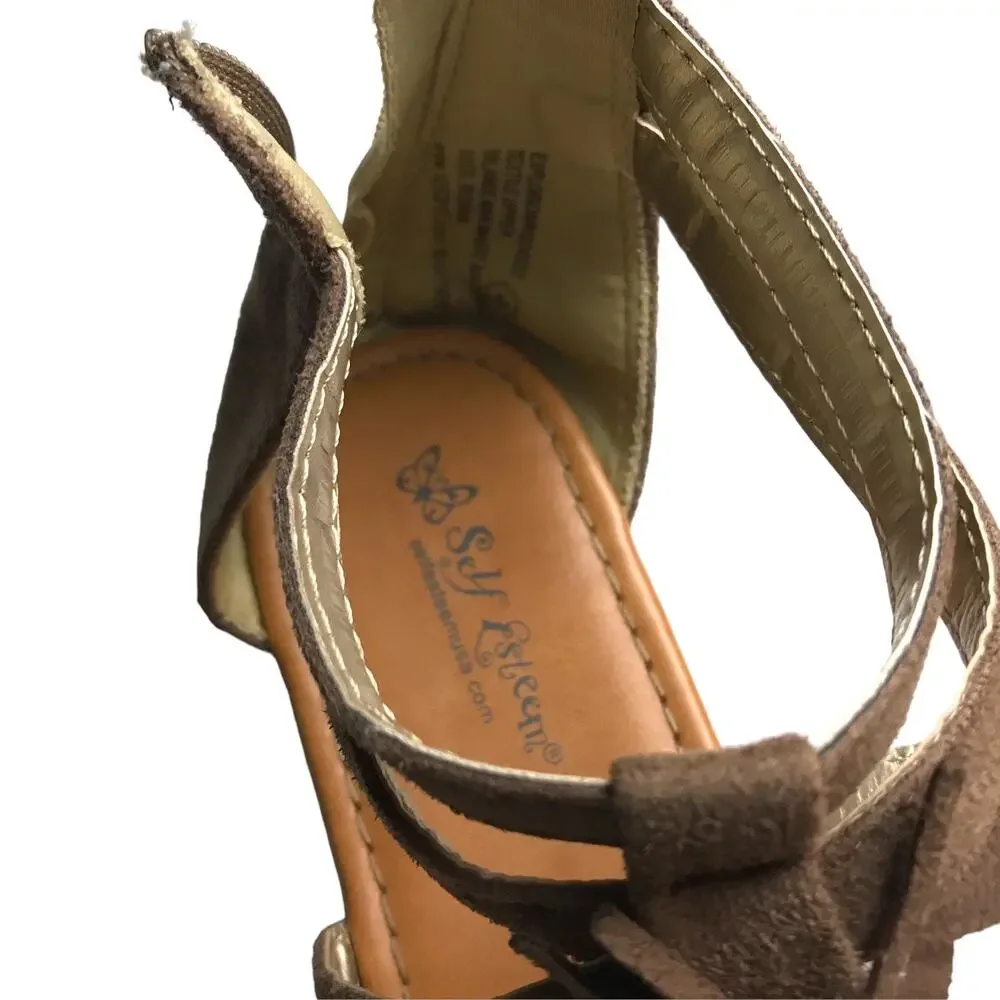 Self Esteem Sandals Taupe Faux Suede Strappy With Fringes Girls Size 4